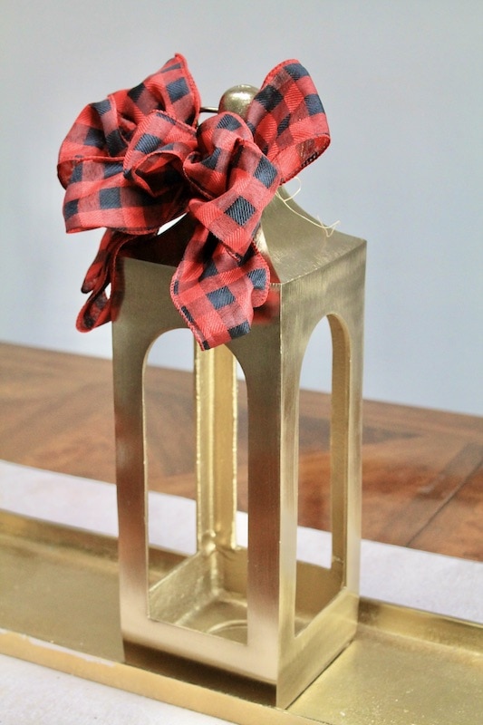 gold latern and gold tray for diyi holiday centerpiece