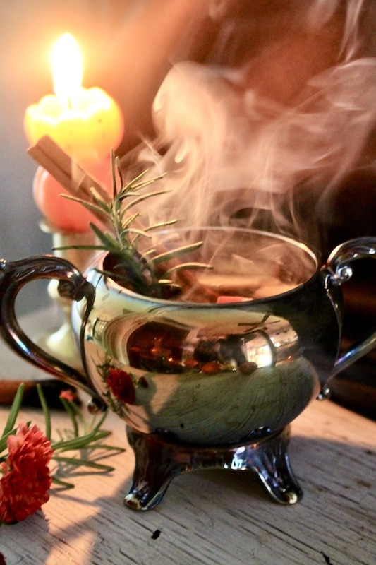 serve hot with a cinnamon stick to stir and lots of apple pieces inside