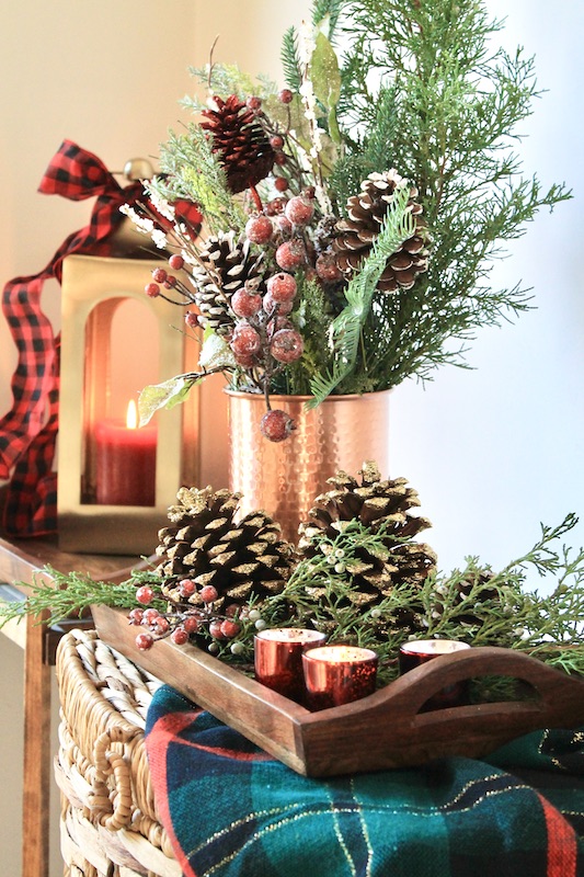 christmas table centerpiece with fresh pine and juniper branches