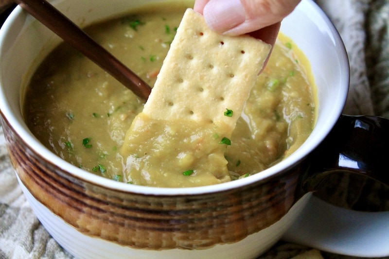 Toss in diced leftover ham along with split peas and chicken stock.  Stir and season to taste with salt and pepper