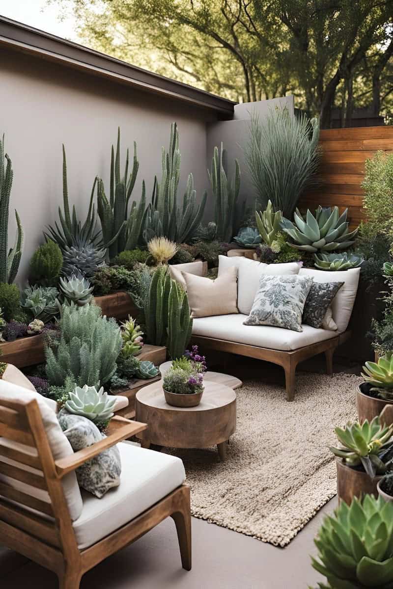backyard patio idea with small cactus garden