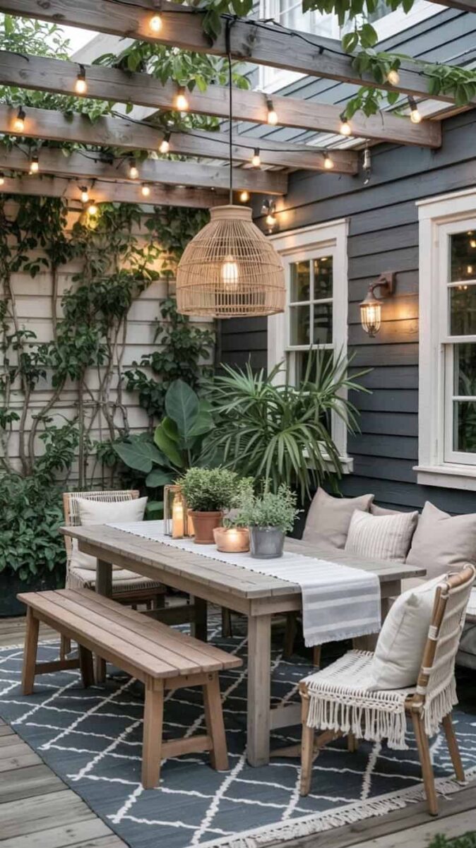 backayrd small patio with pendant light ideas