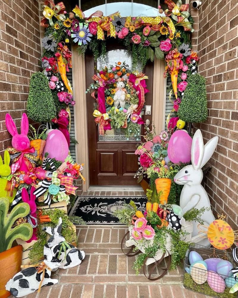 pink and orange front porch easter decorations