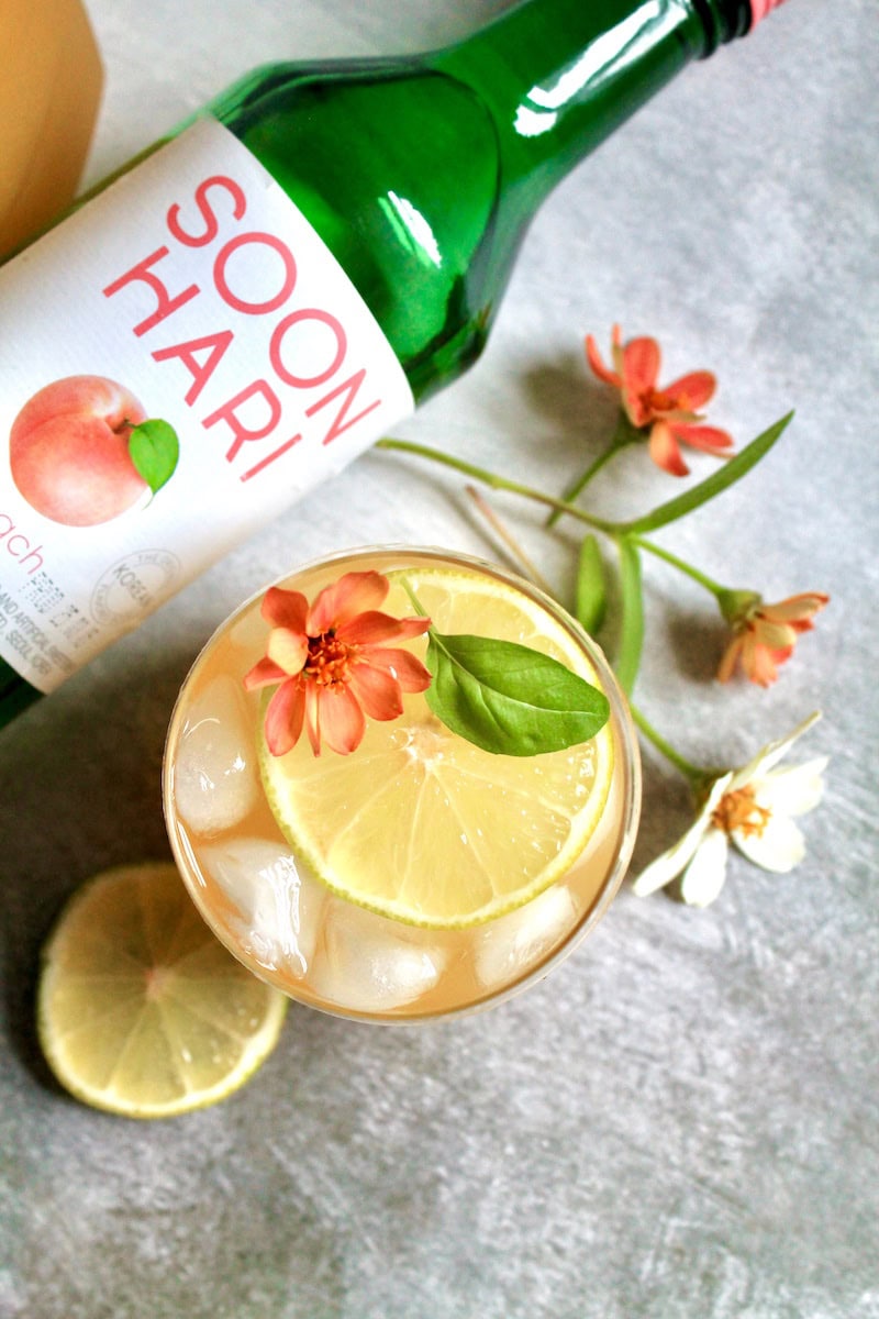 easy soon hari soju cocktail with peach juice and champagne