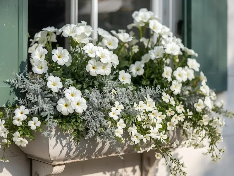 white flowers window box